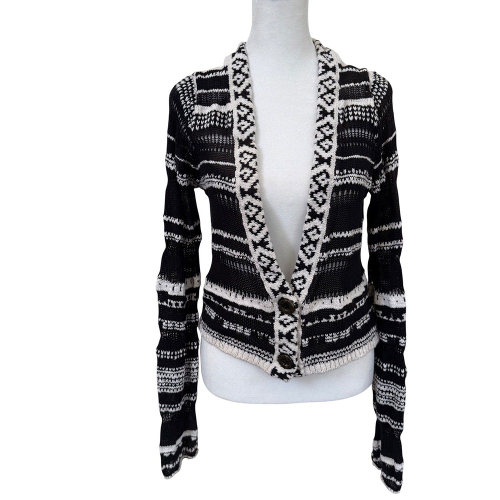Free People Nordic Knit Cardigan Sweater Black Cream Boho Size M Fair Isle